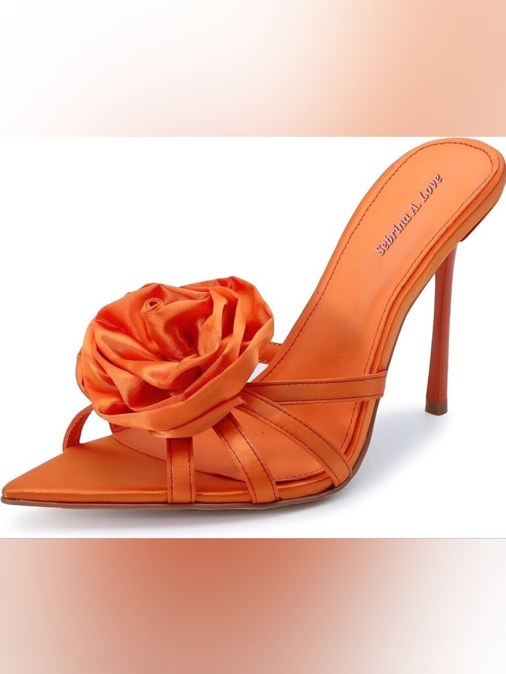 Luxe Orange Satin Rose-Embellished Stiletto Mule